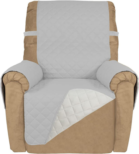 PureFit Reversible Quilted Sofa Cover, Water Resistant Slipcover Furniture Protector, Washable Couch Cover with Non Slip and Elastic Straps for Kids, Dogs, Pets (Small Recliner, Light Gray/Ivory)