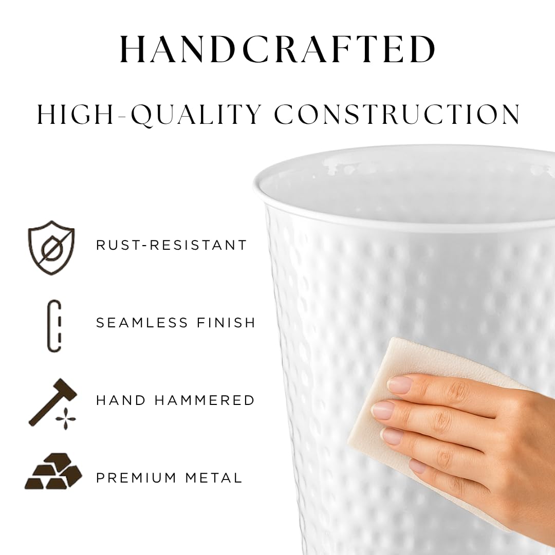 Monarch Abode White Hand Hammered Metal Wastebasket for Home Office Bedroom, Decorative Waste Basket, Modern Bathroom Garbage Can, Durable & Decorative Trash Bin, White Bathroom Trash Can