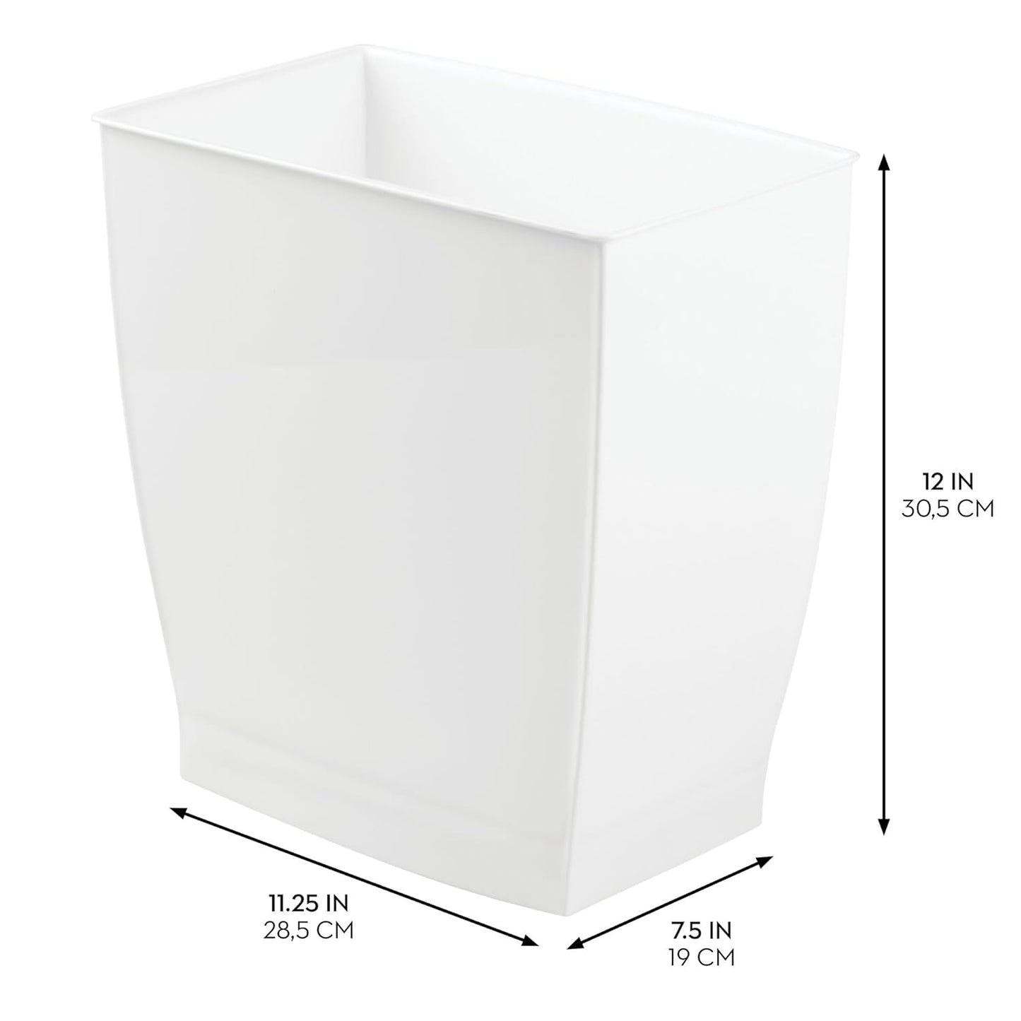 iDesign,Plastic Spa Rectangular Trash, Waste Basket Garbage Can for Bathroom, Bedroom, Home Office, Dorm, College, 2.5 Gallon, White