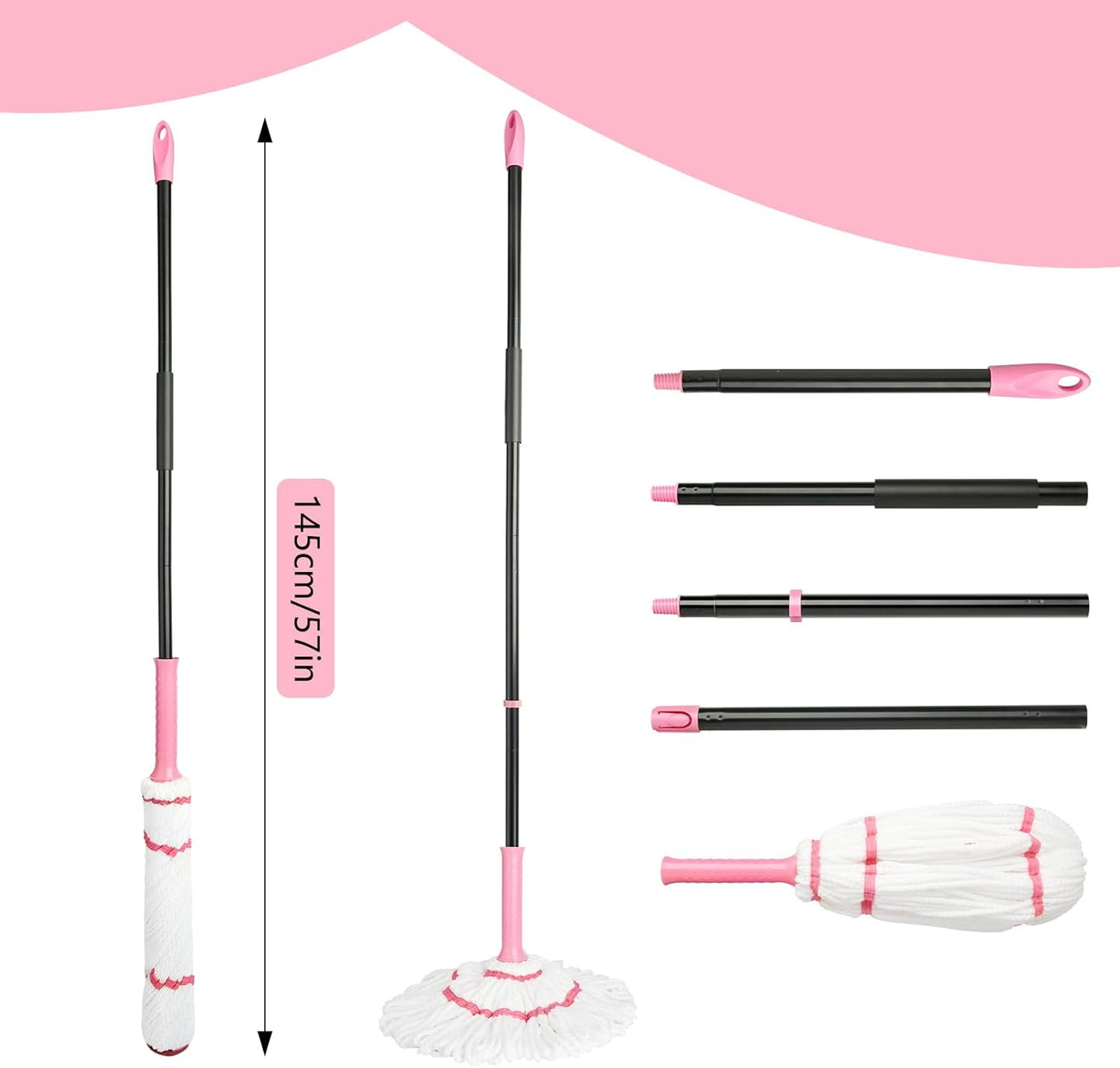 Self-Wringing Twist Mop for Floor Cleaning, 57” Long Handle Heavy Duty Microfiber Mop for Wet Mopping on Tile, Hardwood, Kitchen, Bathroom, Patio, Garage, Commercial Household Clean (Pink)