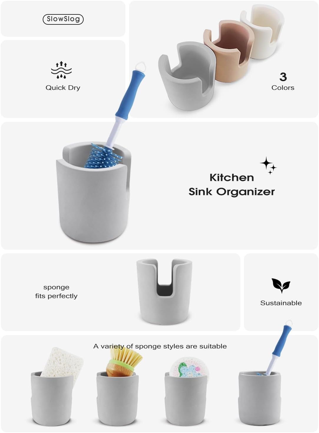 Diatomite Stone Sponge Holder, Quick Dry Dish Sponge Stand for Countertop, Fast Dry Diatomaceous Earth Sponge Holder for Kitchen Sponge, Gray