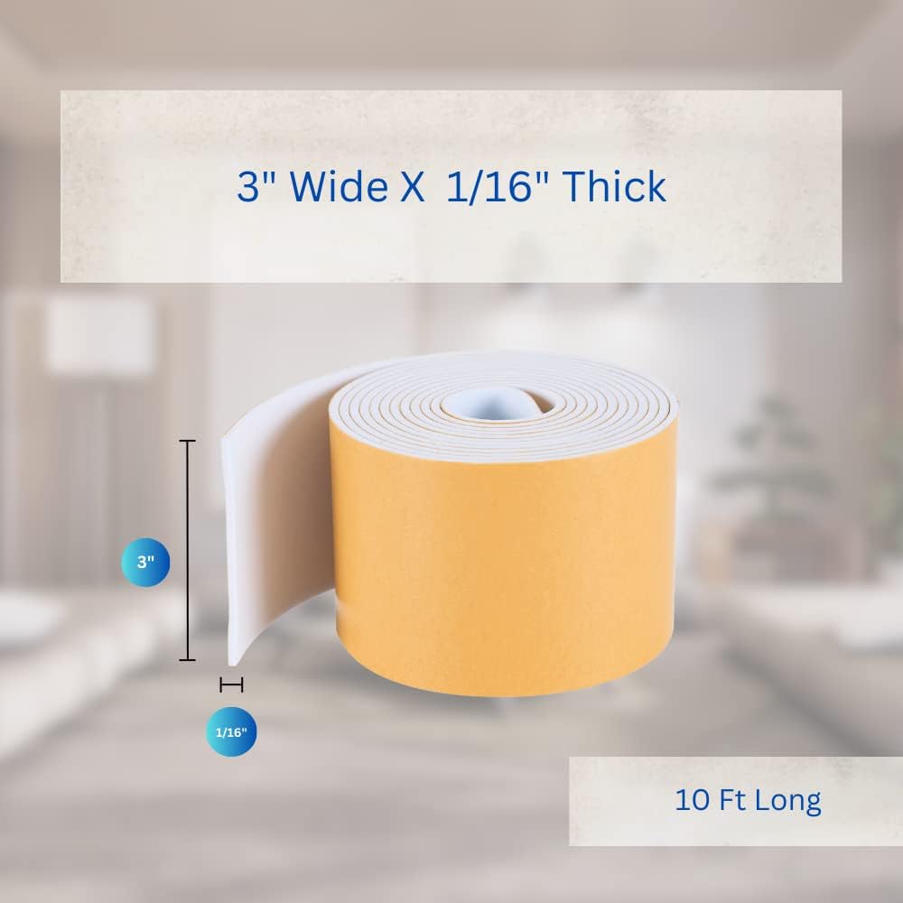 High Density Foam Weather Stripping Door Seal Strip Insulation Tape Roll for Insulating Door Frame, Window, Air Conditioner | Self Adhesive Sealing Weatherstrip (3 in x 1/16 in x 10 Ft, White)