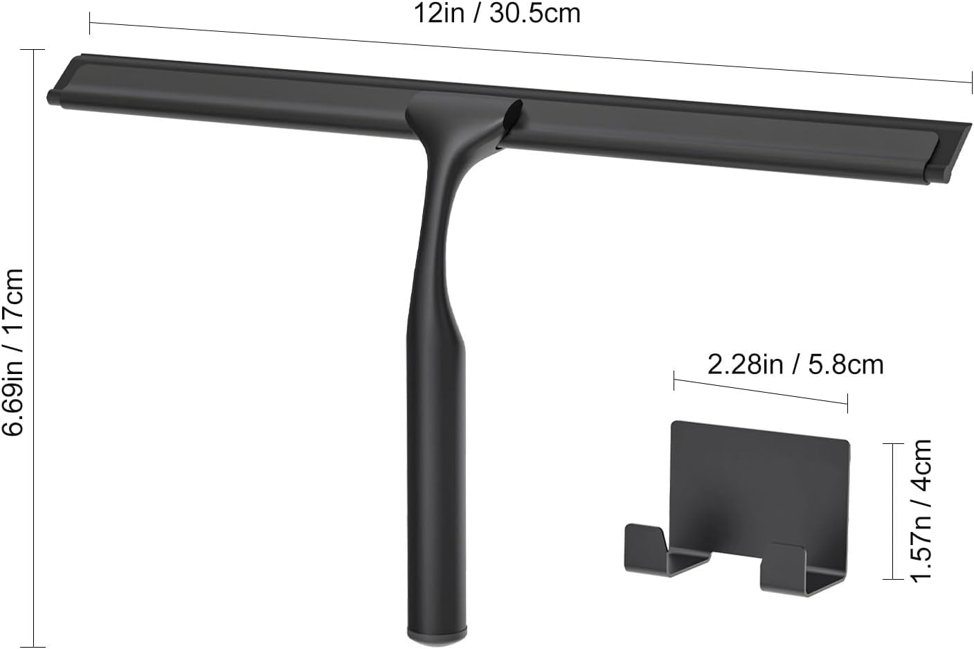 Shower Squeegee for Glass Doors, Shower Squeegee for Tile Shower Walls, Stainless Steel Squeegee for Bathroom, Windows and Mirrors with Storage Hook-12”, Black