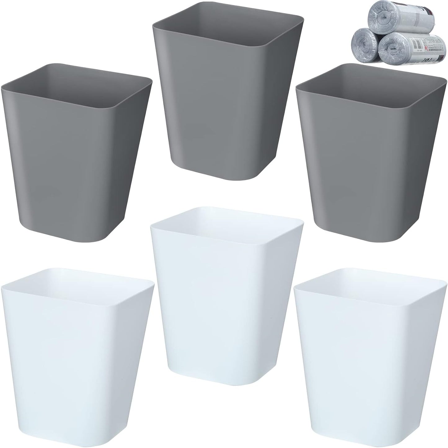 Eccliy 6 Pack Plastic Trash Can with 3 Rolls of Trash Bags Small Wastebasket Garbage Bin Container for Bathroom, Bedroom, Home Office, Living Room, Kitchen (Gray,White)