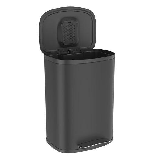13 Gallon Stainless Steel Foot Pedal Large Trash Can with Soft Close Quiet Curved Surface Top Lid and Deodorant Storage Space, with 30 Garbage Bags for Kitchen/Home/Office Trash can and More - Black