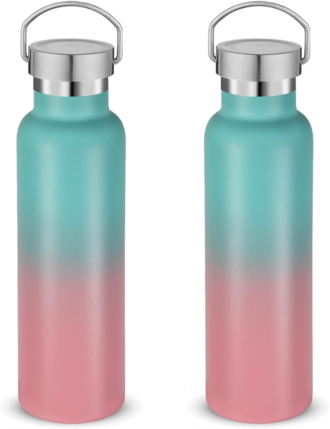 Neihepal 20 oz Insulated Water Bottles Bulk 2 Pack,Stainless Steel Double Wall Sport Bottle with Lid of Handle,Metal Reusable Thermoses Flask for School,Cyclists,Hikers,Gift (Green-Pink,Set of 2)