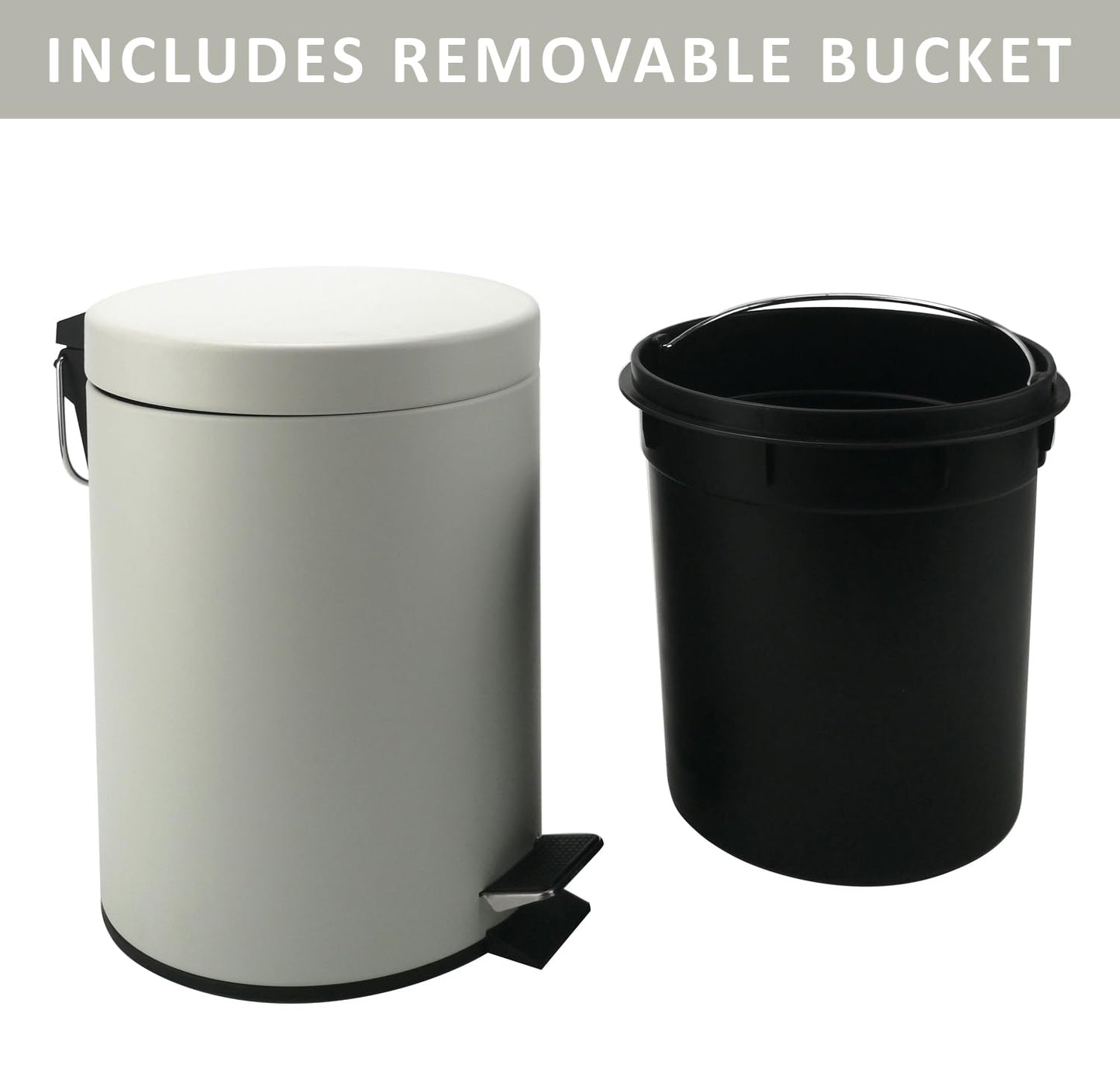 Stainless Steel Small Trash Can with Lid & Step Pedal - 5 Liters/1.3 Gallon Soft Close Waste Basket with Removeable Inner Bucket - Garbage Can for Bathroom, Bedroom, Kitchen & Office (White)