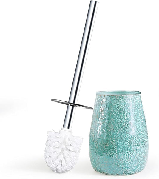 Escenzy Turquoise Green Toilet Brush and Holder Set Mosaic Glass | Non-Rustic Stainless Steel | Practical & Decorative Toilet Bowl Brush and Holder | Luxury Green Bathroom Accessories