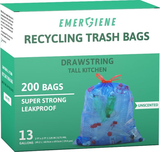 13 Gallon Recycling Trash Bags, 200 Count Drawstring Tall Kitchen Garbage Bags, Pre-Separated, Unscented, Ultra Strong, Leakproof, Sturdy, Translucent Blue