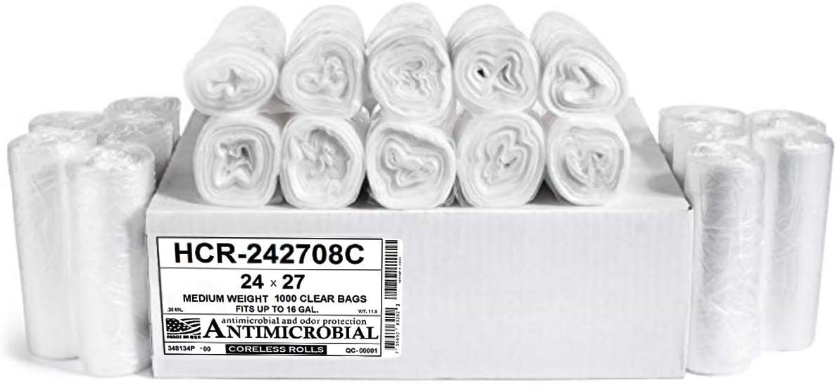 Aluf Plastics High Density Trash Bags, 12 Gallon, 1000 Count, 8 Micron (eq), 24" x 27", Clear, for Bathroom, Office, Industrial, Commercial, Janitorial, Municipal, Recycling