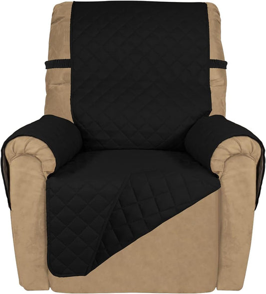 PureFit Reversible Quilted Sofa Cover, Water Resistant Slipcover Furniture Protector, Washable Couch Cover with Non Slip and Elastic Straps for Kids, Dogs, Pets (Small Recliner, Black/Black)