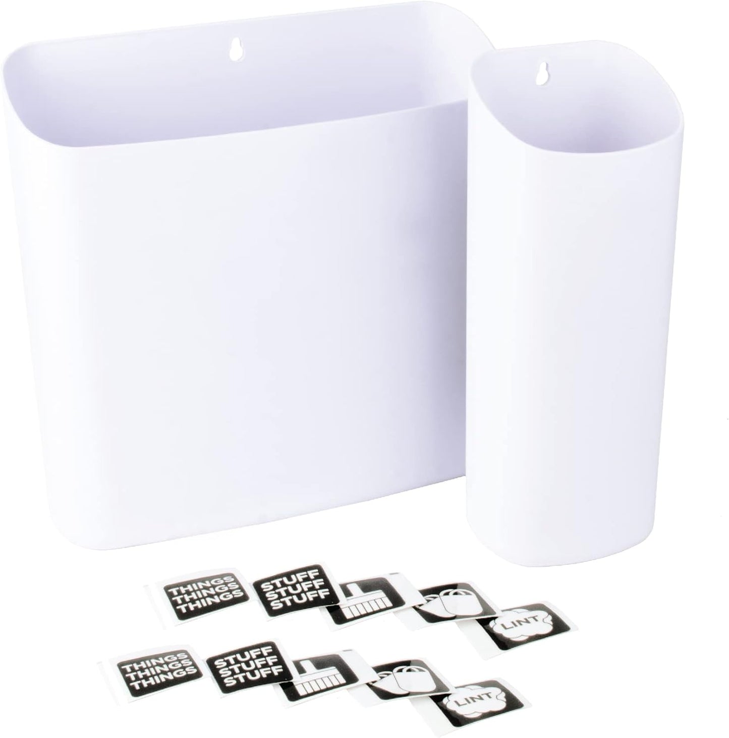 JS Jackson Supplies White Lint Bin with Magnetic Back (Set of 2), Large and Small Space Saving Trash Bins and Organizers for Laundry Room and Kitchen, Wall Mountable