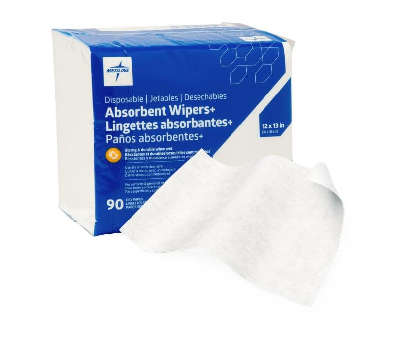 Medline Absorbent Wipers+ Disposable Heavy Duty Dry Wipes, 12" x 12" (90 Count), Use Wet or Dry, Perfect for Skin Care or Home Use, 3X Stronger, Highly Absorbent