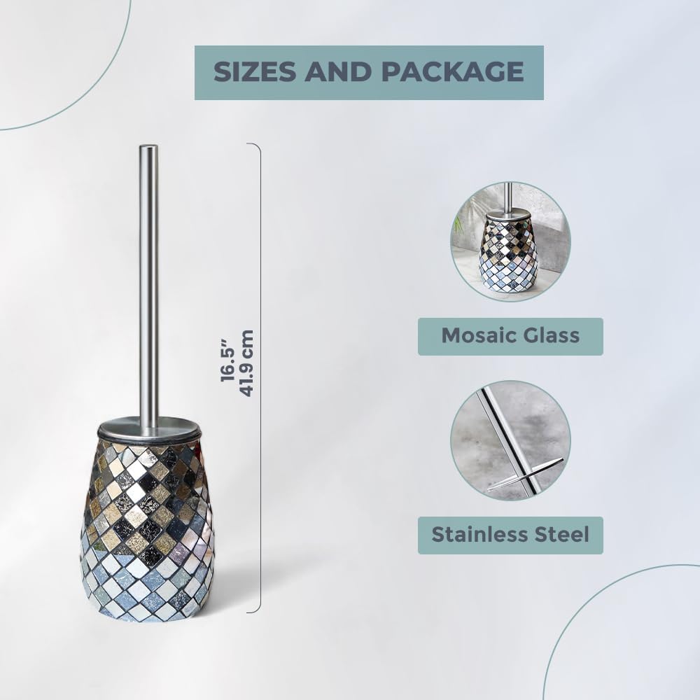 Escenzy Modern Toilet Brush and Holder Set Mosaic Glass | Non-Rustic Stainless Steel | Practical & Decorative Toilet Bowl Brush and Holder | Luxury Black and Gold Bathroom Accessories