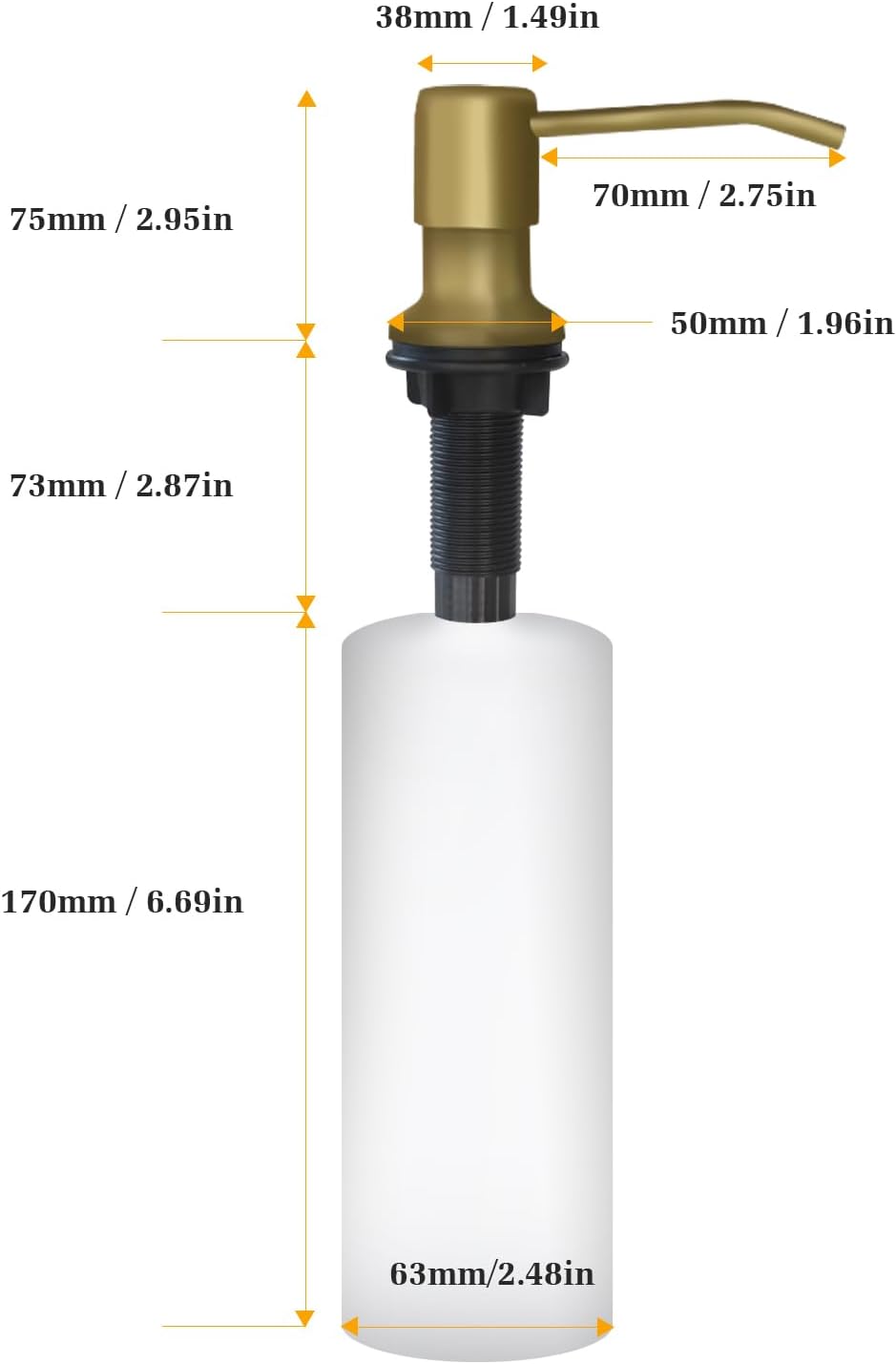 Soap Dispenser for Kitchen Sink, Built in Sink Soap Dispenser Lotion Dispenser with 17 OZ Bottle, Refill from The Top Bar Sink Soap Dispenser, Gold