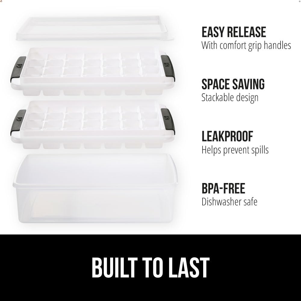GORILLA GRIP Stackable Ice Cube Tray and Bucket Set for Freezer, Includes 2 Trays with Lid and Scooper, Easy Release, Makes 56 Cubes for Cocktail Soda Coffee, Leak Proof Bin Kit, Kitchen Tools, Black