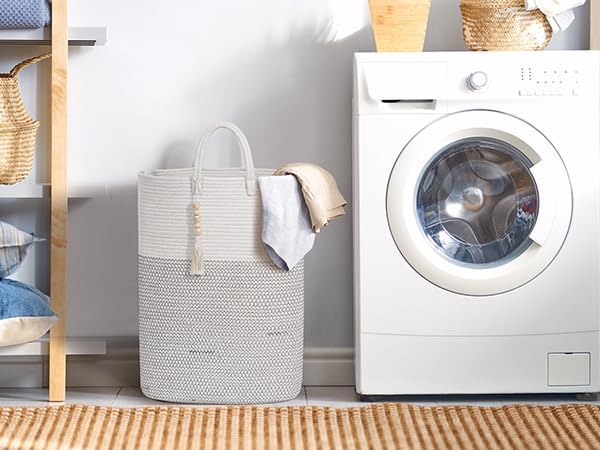 Woven Laundry Basket for Clothes, 50 L Large Rectangle Laundry Hampers with Beads Tassel, Nursery Storage Basket for Toys, Tall Dirty Clothes Hamper for Bedroom Aesthetic, Laundry Room Organization