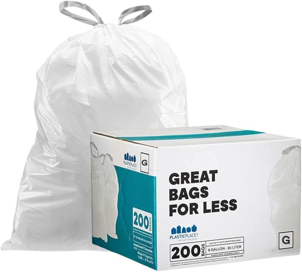 Plasticplace Custom Fit Trash Bags, Compatible with simplehuman Code G (200 Count) White Drawstring Garbage Liners 8 Gallon / 30 Liters, 17.5" x 28"