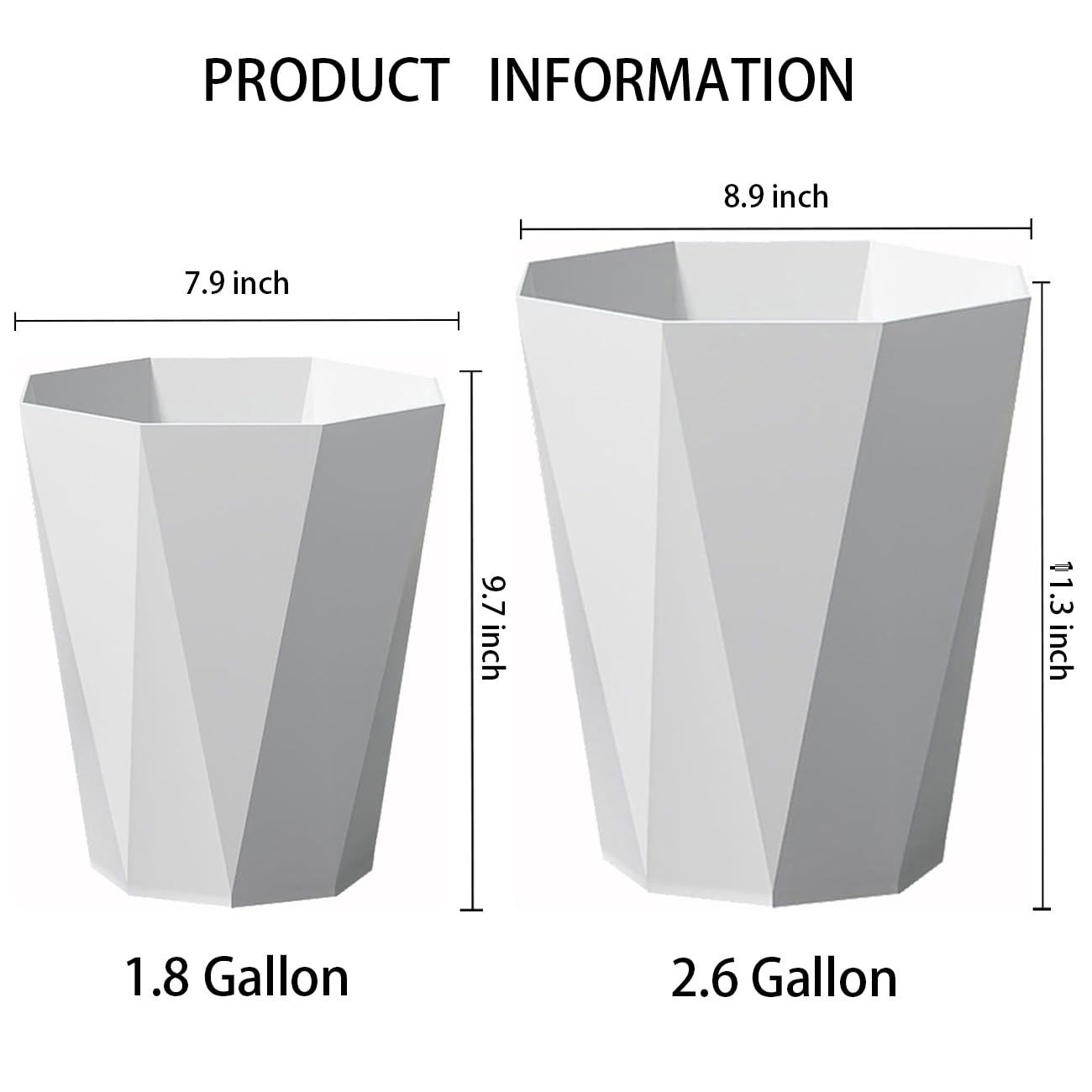 Trash Can Plastic Waste Basket 2.6 Gallon Garbage Can for Bathroom Office Bedroom Kitchen, 2 Pack White