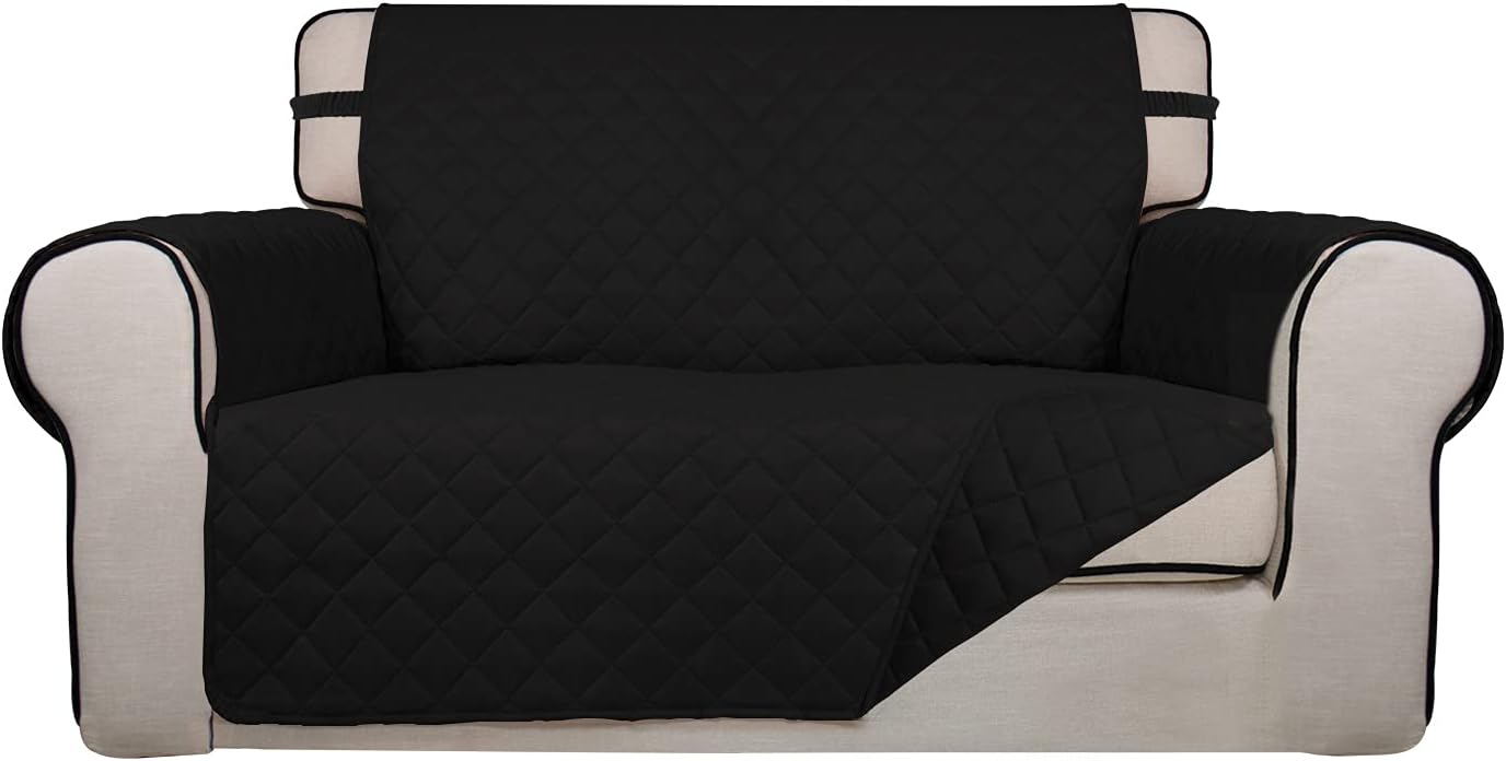 PureFit Reversible Quilted Sofa Cover, Water Resistant Slipcover Furniture Protector, Washable Couch Cover with Non Slip and Elastic Straps for Kids, Pets (Loveseat, Black/Black)