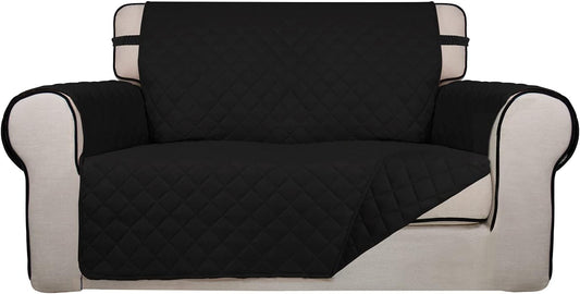 PureFit Reversible Quilted Sofa Cover, Water Resistant Slipcover Furniture Protector, Washable Couch Cover with Non Slip and Elastic Straps for Kids, Pets (Loveseat, Black/Black)