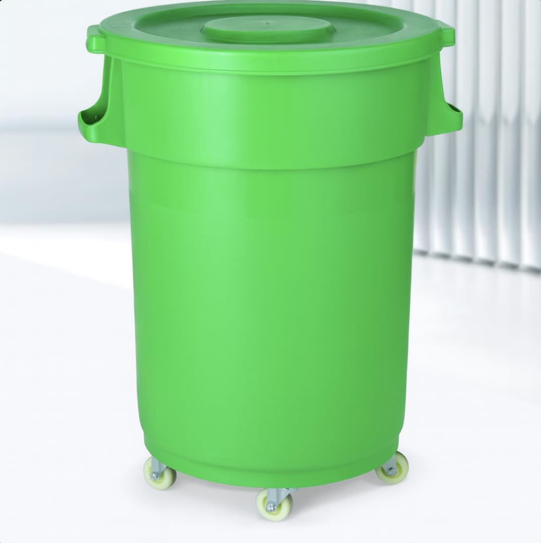 32-Gallon Round Commercial Trash Can with Lid and Dolly – Heavy-Duty Plastic Garbage Bin for Restaurants, Kitchens, Janitorial Use, Indoor – Mobile Waste Container on Wheels (Green)