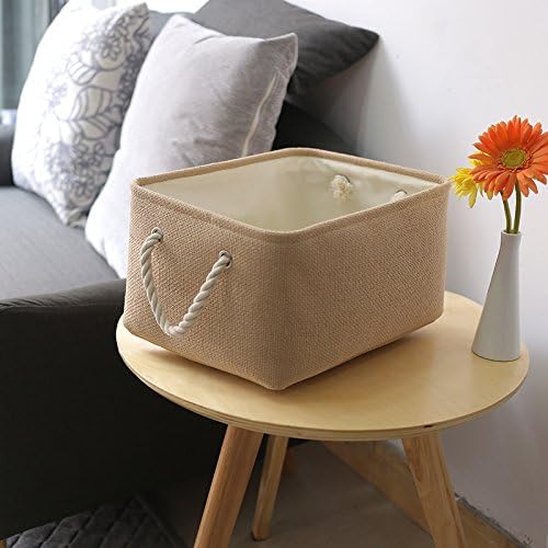 TheWarmHome Decorative Basket Rectangular Small Storage Basket Fabric Storage Bin Organizer Basket with Handles for Clothes Storage (Beige, 11.8L×7.9W×5.2H inch)