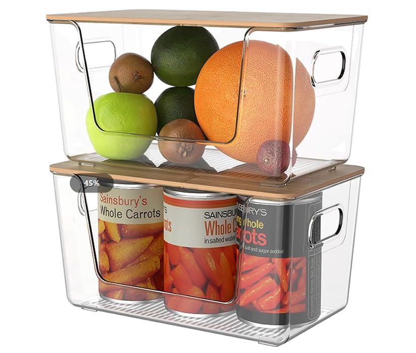 Trash Bag Holders with Bamboo Lids 2 Pack, Garbage Bag Dispenser with Lid, Open Front Stackable Storage Bins, Storage Container for Kitchen, Laundry Organization, Kitchen, Pantry,Under-Sink