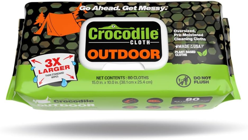 Crocodile Cloth Outdoor Cleaning Wipes – 80 Count Plant-Based Cloths (15"x10"), Skin Safe, Pre-Moistened, Aloe & Vitamin E Infused, Large, Absorbent, Multi-Surface Disposable Wipes