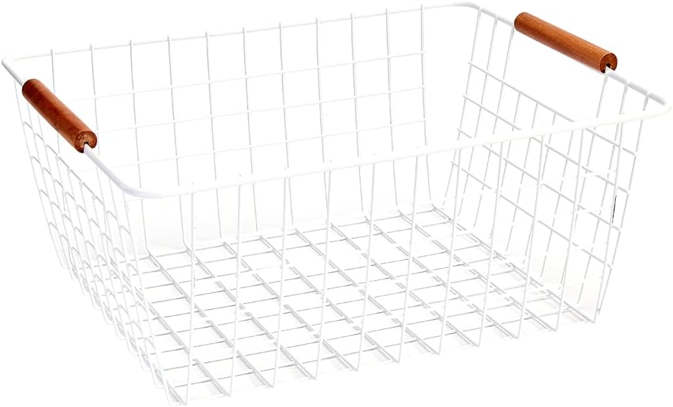 LeleCAT Large white wire baskets with Wooden Handles for storage pantry, Storage Organizer Baskets, Household Refrigerator for Cabinets, Closets, Bedrooms, kitchen - Set of 3 White