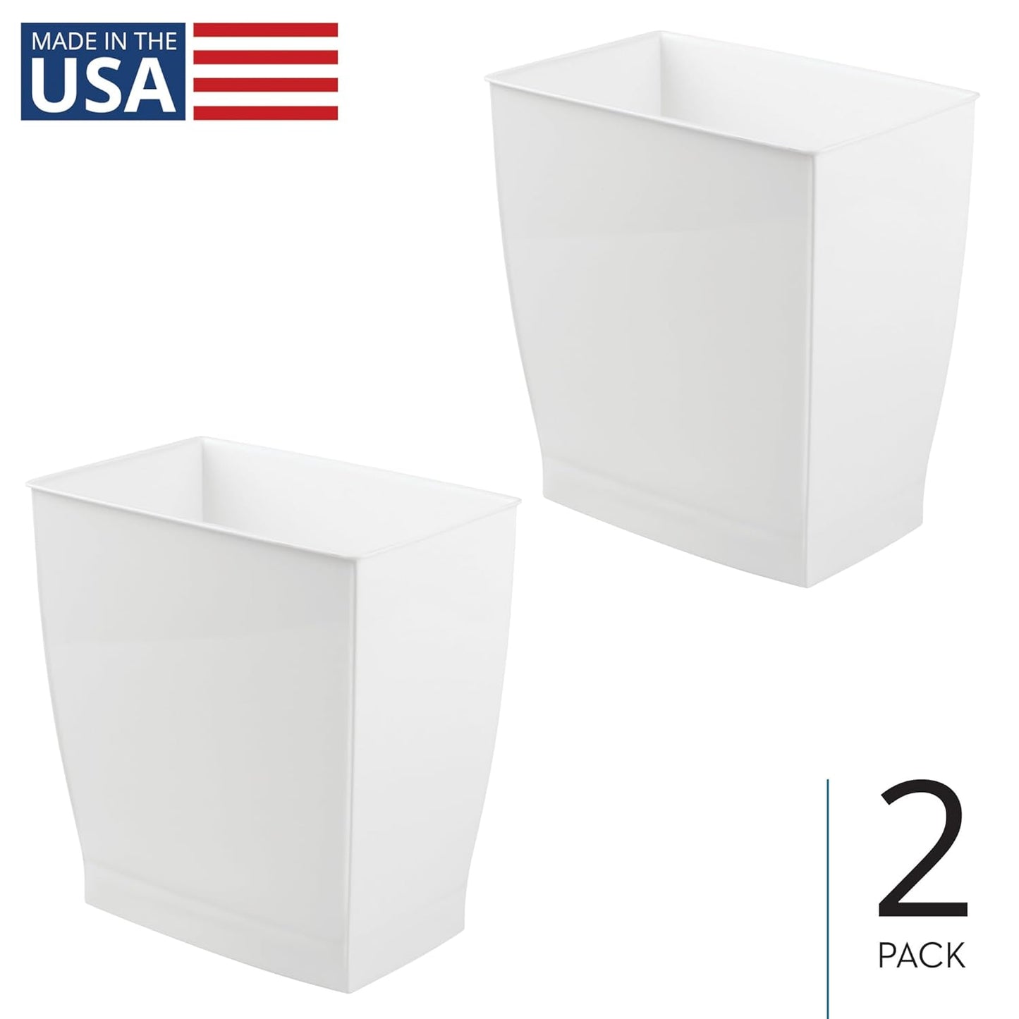 iDesign Small Rectangular Bathroom Trash Cans - Set of 2 - White - Made in USA