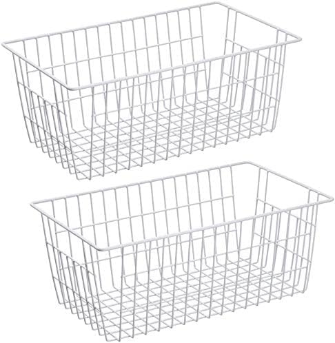 Slideep Freezer Baskets Farmhouse Organizer Storage Basket with Handles, Food Storage Bin for Kitchen Cabinets, Pantry, Closet, Bedroom, Bathroom, Office, 2 Pack, White