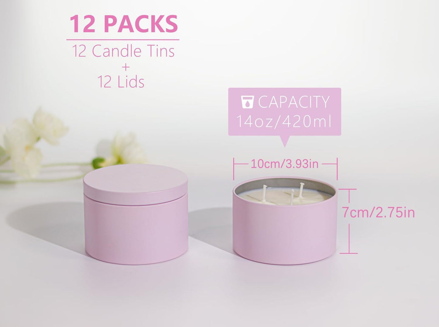 Candle Tins with Lids, 3-Wick Jars 14oz/420ml - 12 Pack Seamless Bulk Containers for Candle Making - Pink