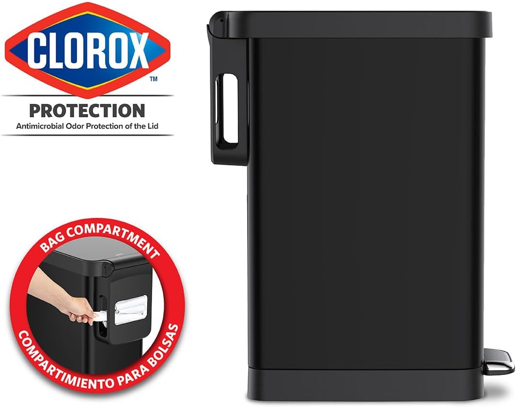 Glad Slim Trash Can with Clorox Odor Protection - Narrow Kitchen Garbage Bin with Soft Close Lid, Step On Foot Pedal and Waste Bag Roll Holder, Black, 45 Liter
