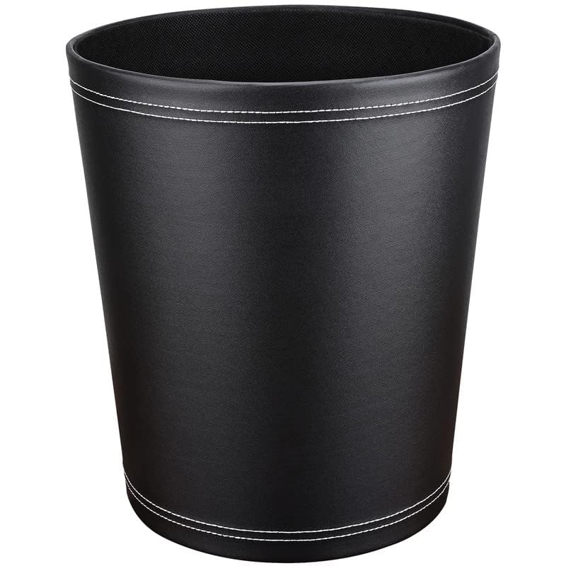 Pu Leather Trash Can, 2.6 Gallon Black Bathroom Trash Can, Small Office Garbage Can Wastebasket for Bedroom, Kitchen, Round Trash Bin Decorative Under-Sink/Desk/Home Easy to Clean