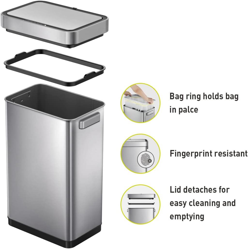 EKO Deluxe Mirage-T 50 Liter / 13.2 Gallon Touchless Rectangular Motion Sensor Trash Can, Matte Stainless Steel Finish