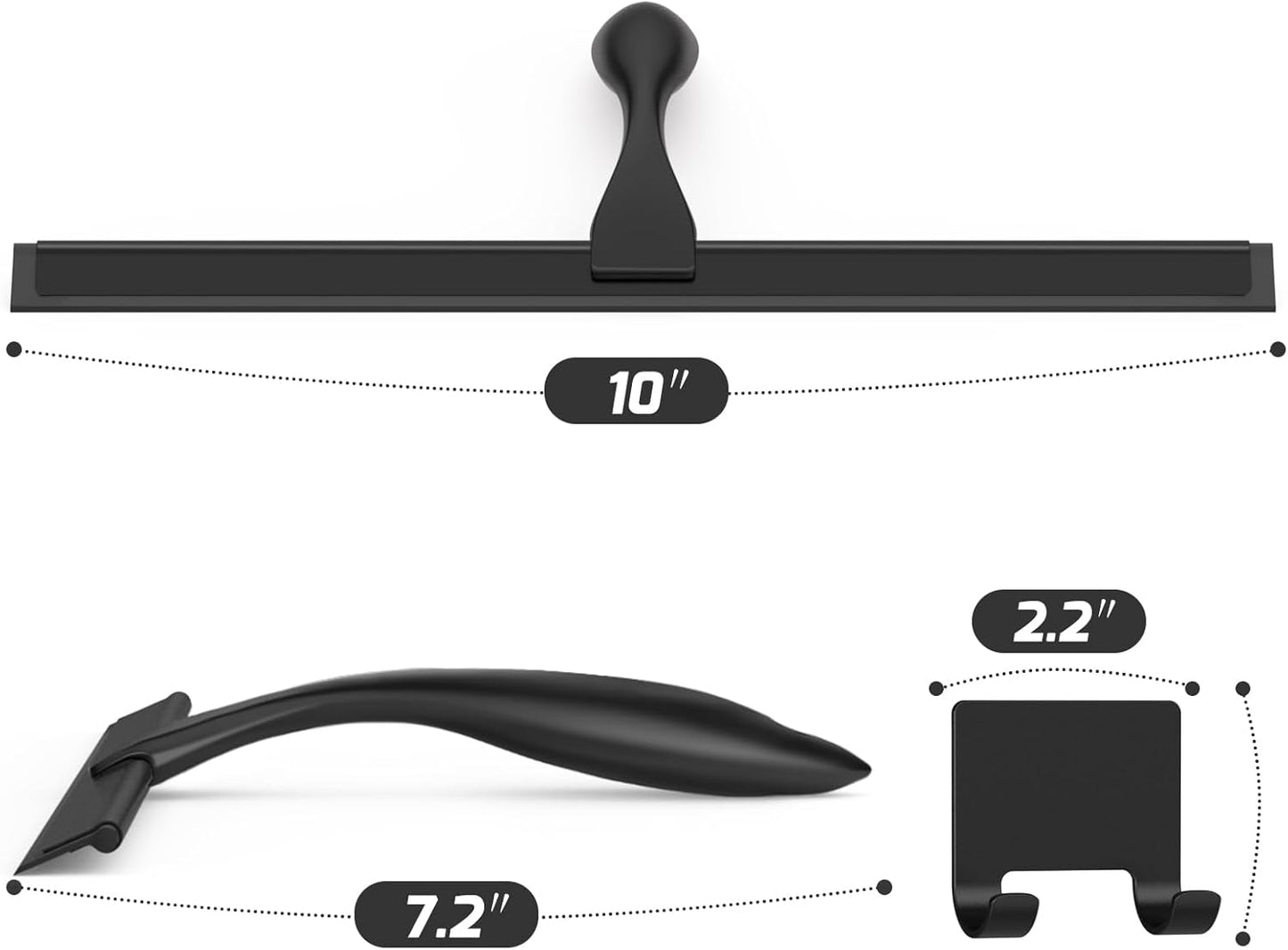 All-Purpose Stainless Steel Shower Squeegee for Glass Doors with Adhesive Hooks, Squeegee for Shower Glass, Bathroom Household Cleaner Tool for Window Mirror Tile Wall Car, 10 Inch Black