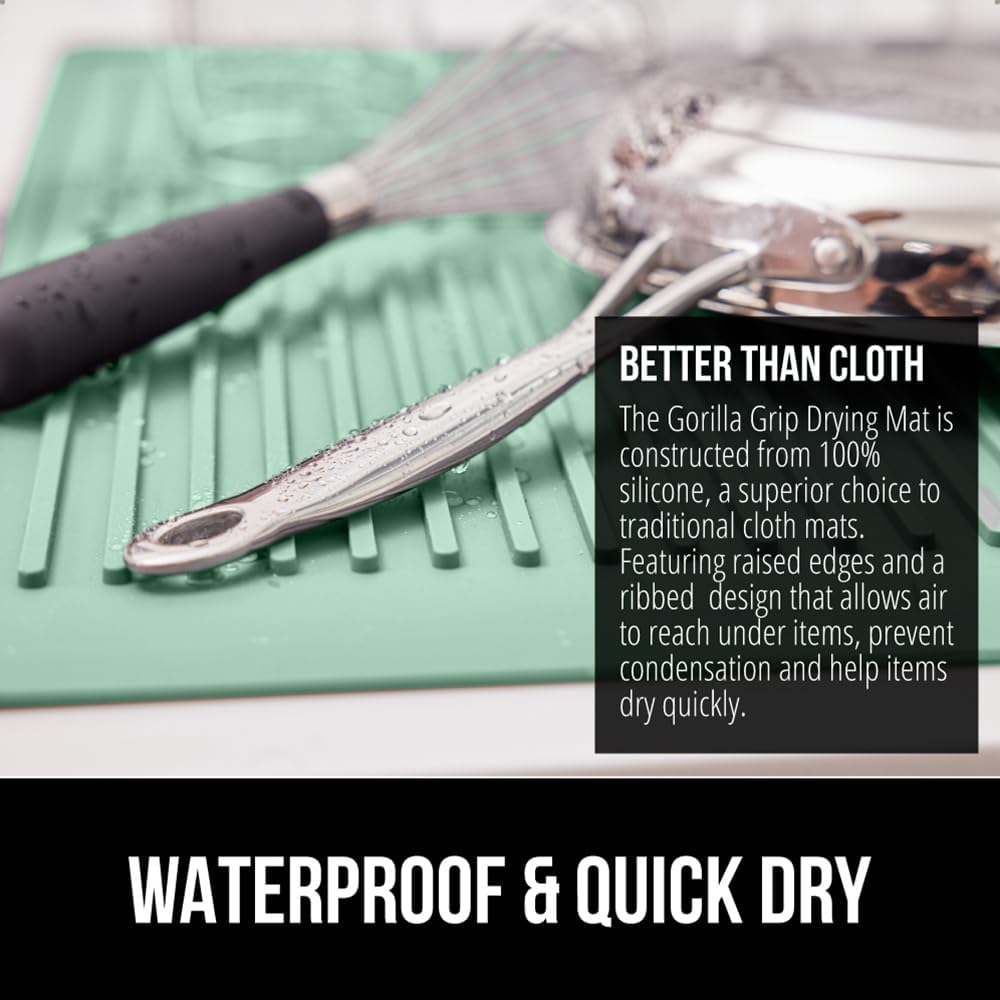 GORILLA GRIP 100% BPA-Free Patented Silicone Dish Drying Mat for Kitchen Counter, Water Catching Ribbed Design, Easy Clean Waterproof Sink Liner, Heat Resistant, Fits Under Rack, 13x11 Inch, Mint