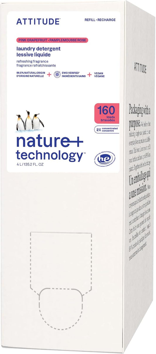 ATTITUDE Liquid Laundry Detergent Refill, EWG Verified, HE Compatible, Plant-Based & Vegan, Natural Laundry Soap, Pink Grapefruit Scent, 160 Loads, 135.26 Fl Oz