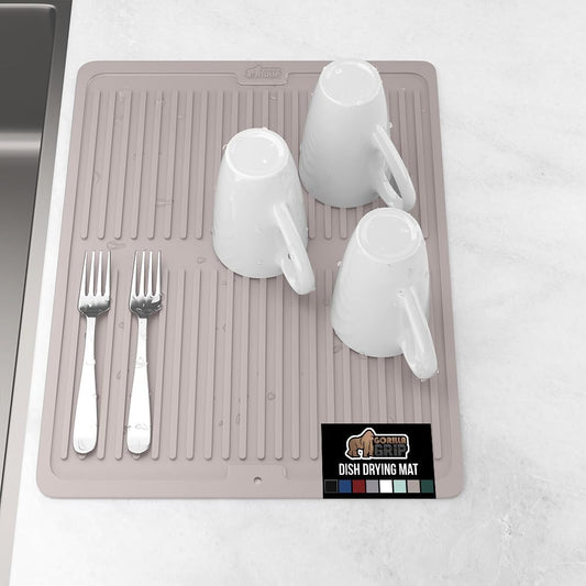 GORILLA GRIP 100% BPA-Free Patented Silicone Dish Drying Mat for Kitchen Counter, Water Catching Ribbed Design, Easy Clean Waterproof Sink Liner, Heat Resistant, Fits Under Rack, 16x12 Inch, Almond