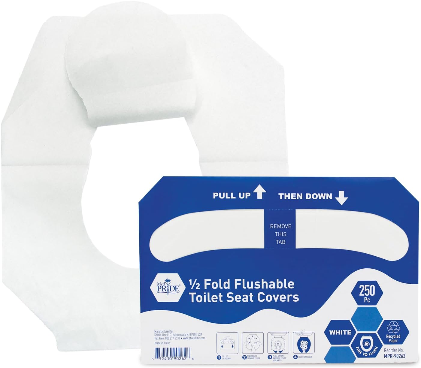 MED PRIDE Eco-Friendly Bathroom Protector Sheets - Septic Safe-Disposable Toilet Seat Covers [Pack of 250] - Flushable Toilet Seat Covers For Travel & Public Restrooms- White half-fold liners