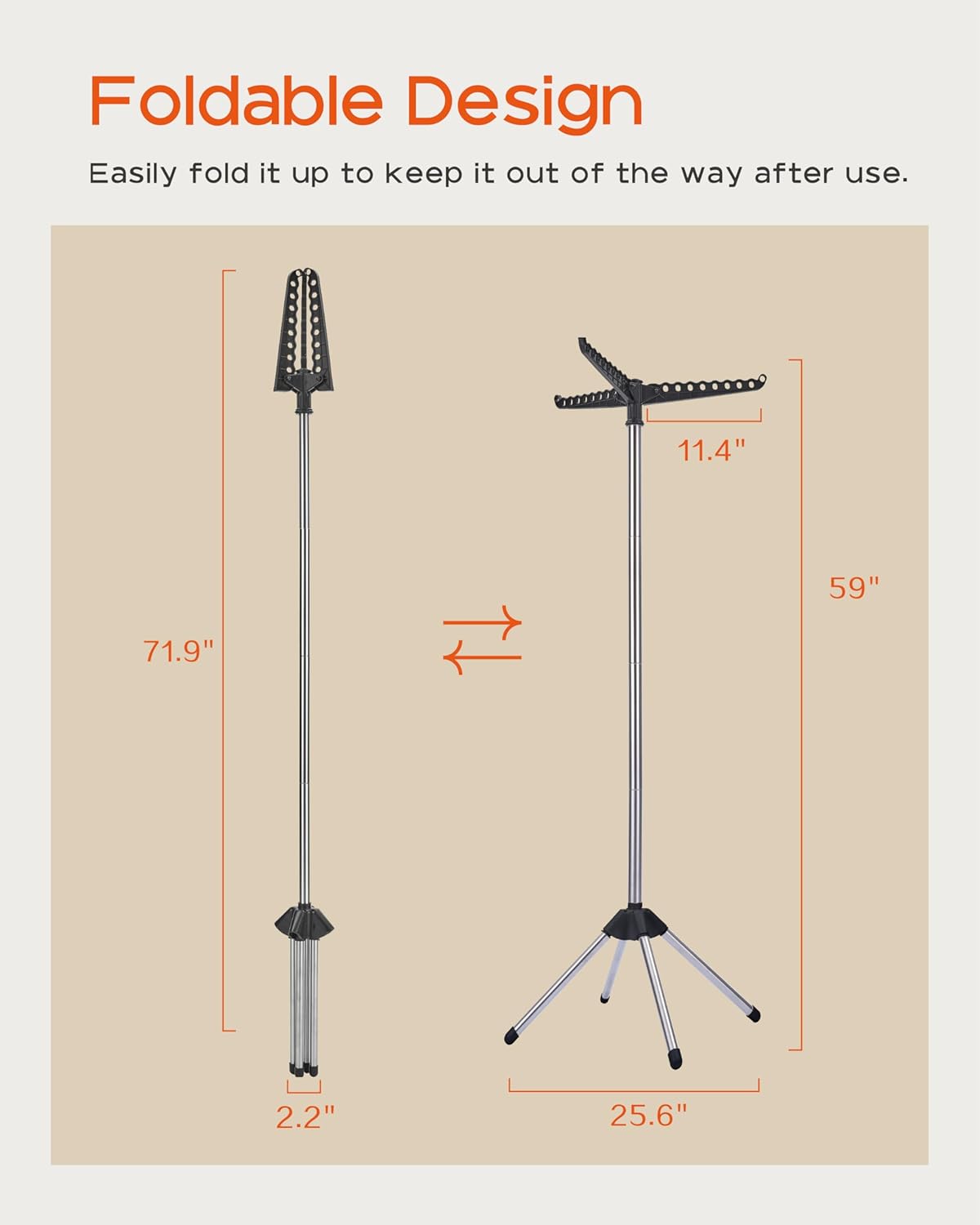 Clothes Drying Rack Foldable, 59 inch Tripod Laundry Drying Rack Indoor with Rotating Clothes Rail for 27 Pieces of Clothes, Space Saving, Stainless Steel, Black and Silver CDR001B01