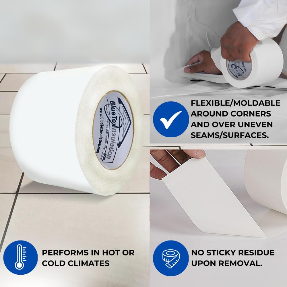 BlueTex Insulationㅤ3 Wide x 180' Long White Vapor Barrier Seam Tape - 16 Rolls Bulk Pack, Great for Crawlspaces, Waterproofing, Insulation Repairs, Underlayment Seams, Metal Building Insulation Seams