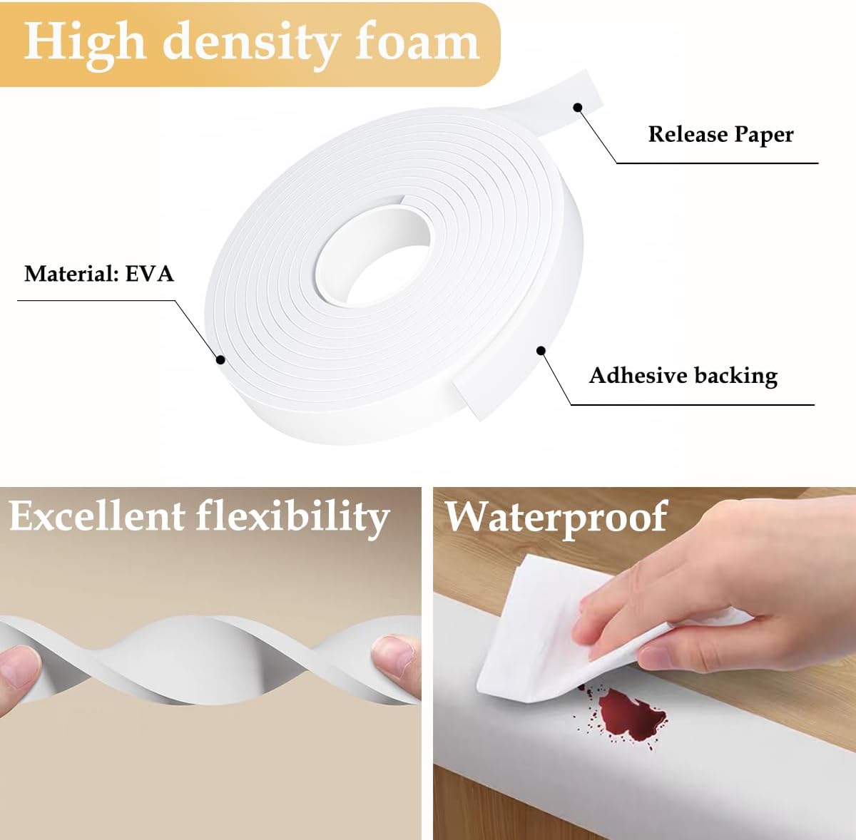 Weather Stripping Door Seal White,1Inch Wide X 1/4 Inch Thick,Air Conditioner Window Seal,Self Adhesive Foam Tape High Density Foam Sealing Strip,Door Soundproof Tape Roll,Total 16.4 Feet Long