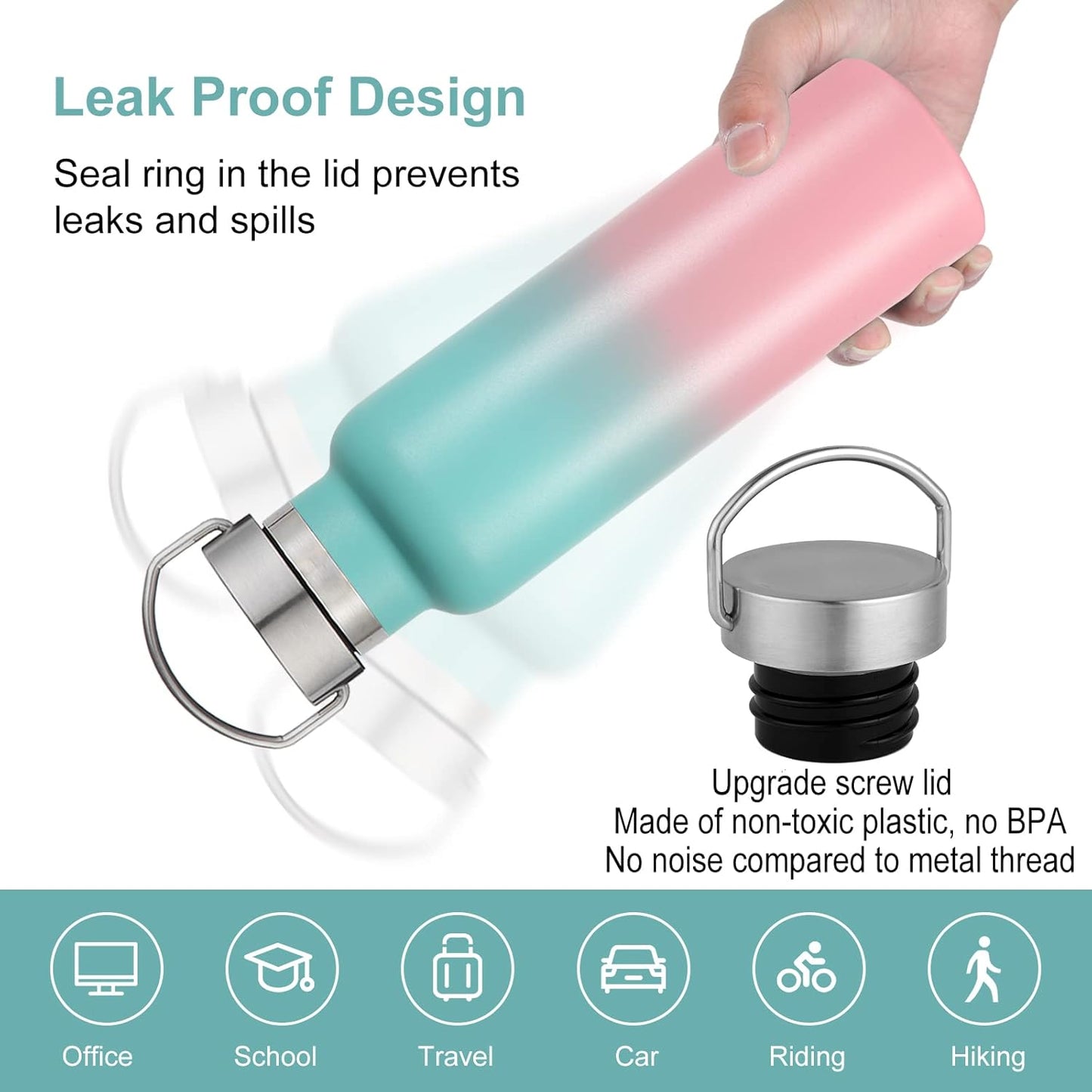 Neihepal 20 oz Insulated Water Bottles Bulk 2 Pack,Stainless Steel Double Wall Sport Bottle with Lid of Handle,Metal Reusable Thermoses Flask for School,Cyclists,Hikers,Gift (Green-Pink,Set of 2)