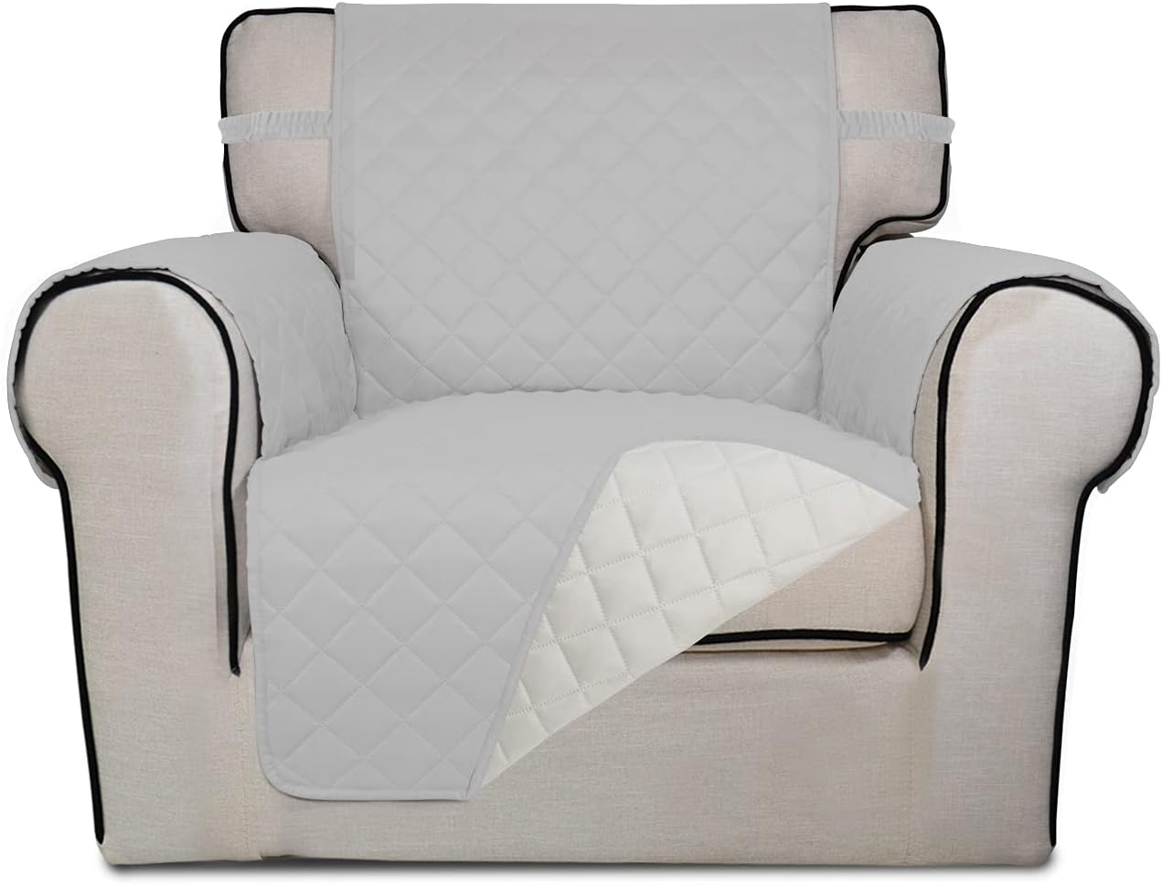 PureFit Reversible Quilted Sofa Cover, Water Resistant Slipcover Furniture Protector, Washable Couch Cover with Non Slip and Elastic Straps for Kids, Pets (Chair, Light Gray/Ivory)