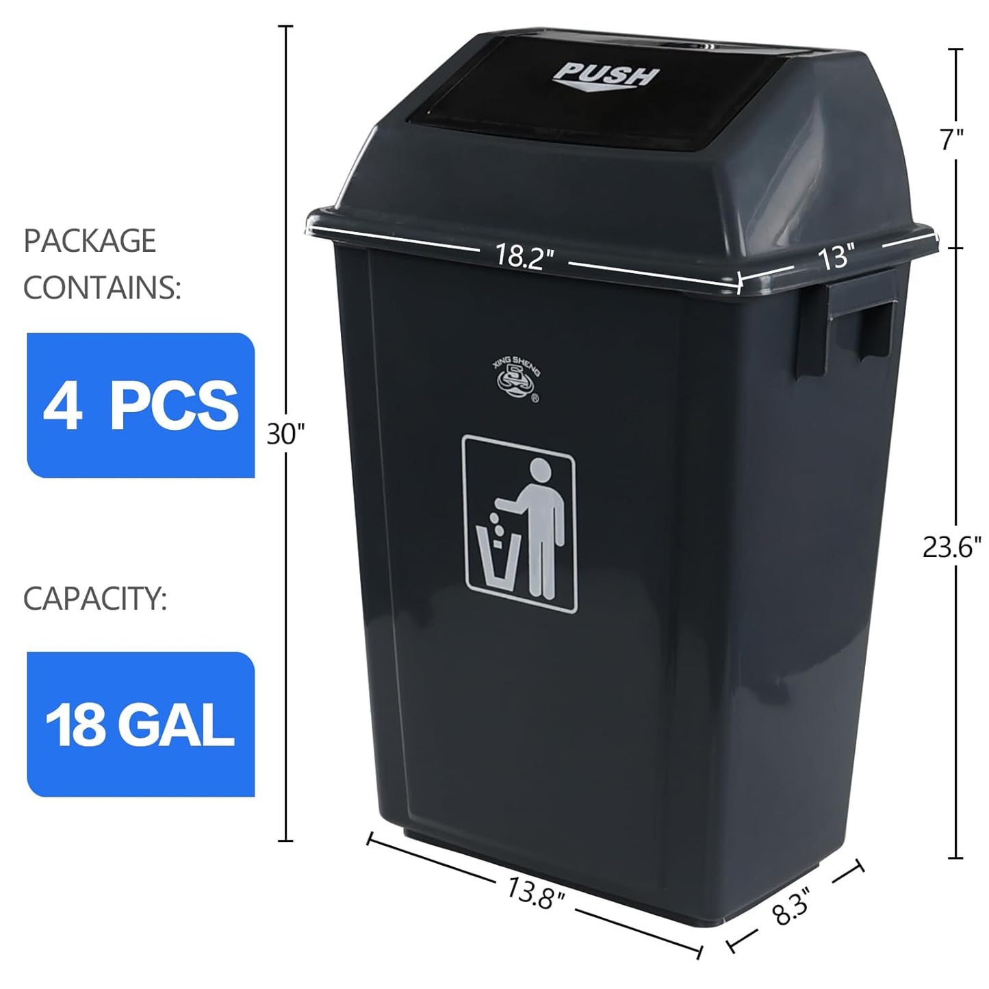 18 Gallon Plastic Trash Can with Swing Lid, 4-Pack Large Kitchen Swing-Top Garbage Can, Grey