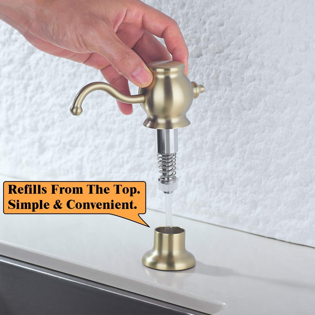 RANDOM Built in Sink Soap Dispenser for Kitchen Sink,Brushed Gold Solid Brass Pump Head with Soap Dispenser Extension Tube Kit and 11 Ounce Large PET Liquid Soap Bottle.RD84038BG