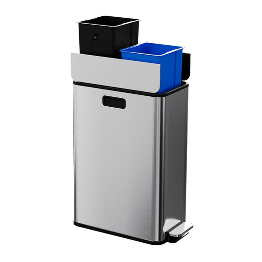15-Gallon Dual Trash Can, Step-On Pedal Kitchen Trash Bin with Butterfly Lid, Odor-Proof Stainless Steel Large Trash Recycle Bin Combo with Removable Inner Buckets (2 x 28L) - Silver