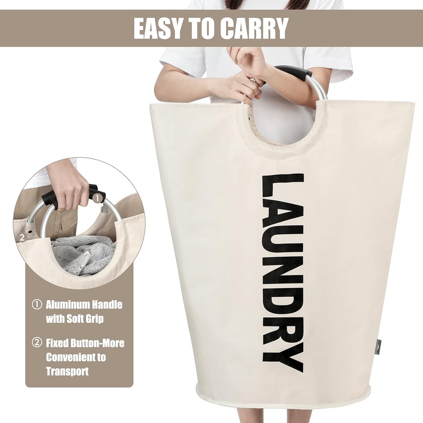 DOKEHOM 125L X-Large Laundry Basket, Collapsible Laundry Bag, Freestanding Tall Clothes Hamper, Foldable Washing Bin (Beige)